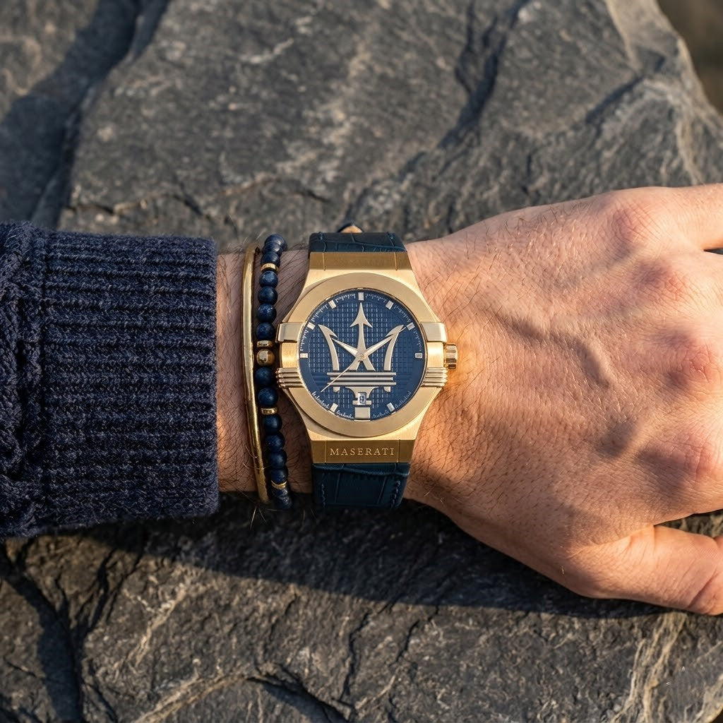 Maserati Potenza R8851108035 Gold Case Blue Dial Leather Men's Watch