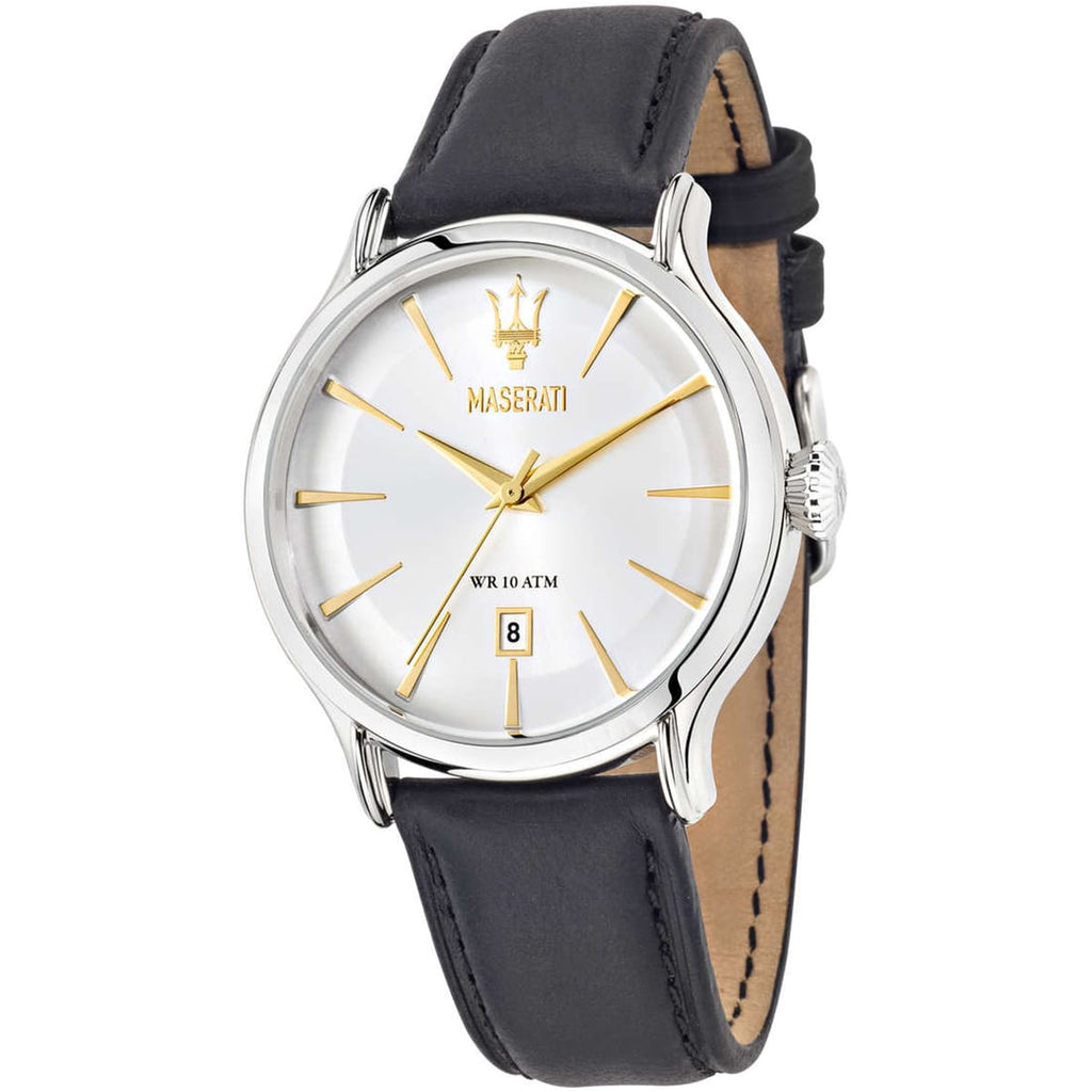Maserati Epoca R8851118002 Silver Dial Gold Accents Black Leather Men's Watch