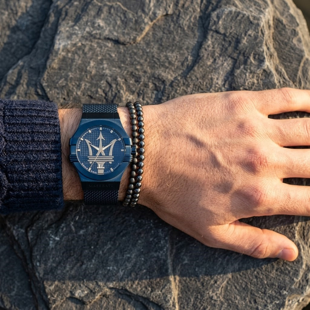 Maserati Potenza R8853108008 Blue Case Gold Trident Mesh Men's Watch