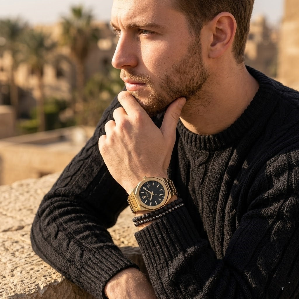 ساعة مازيراتي ستايل R8853142004 ذهبية بالكامل للرجال بمينا أسود وافل