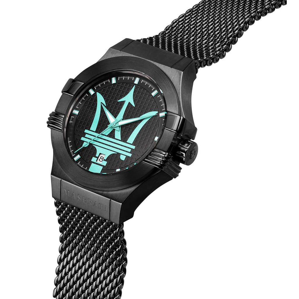Maserati Potenza R8853144002 Black Case Tiffany Blue Trident Mesh Men's Watch