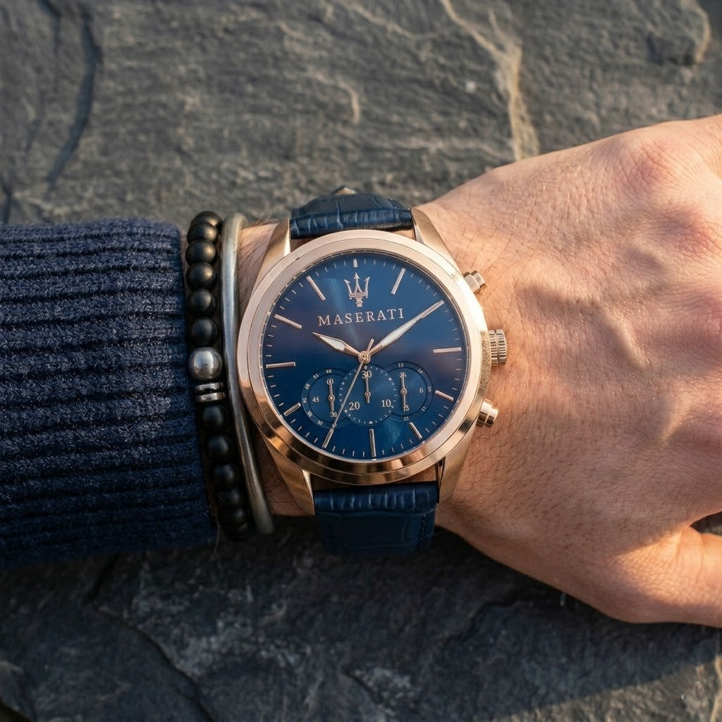 Maserati Traguardo R8871612015 Rose Gold Blue Leather Men's Watch