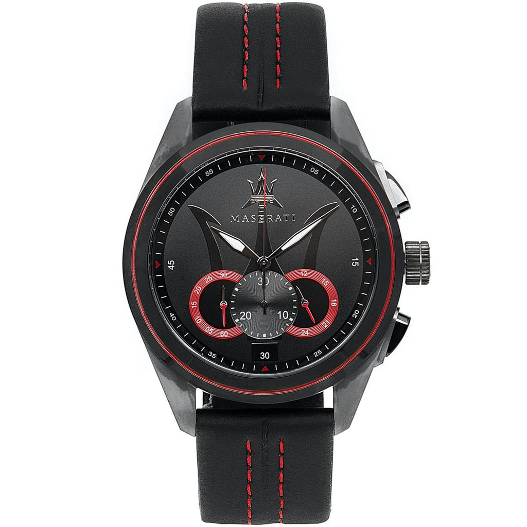 Maserati Traguardo R8871612023 Black Case & Leather Strap Red Accents Watch