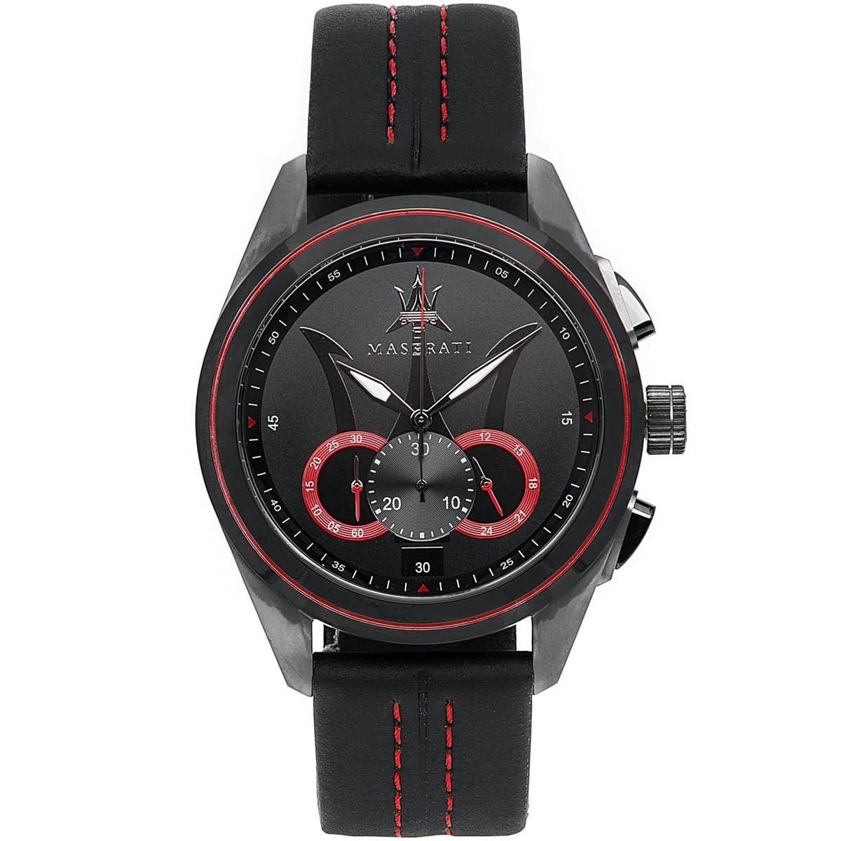 Maserati Traguardo R8871612023 Black Case & Leather Strap Red Accents Watch
