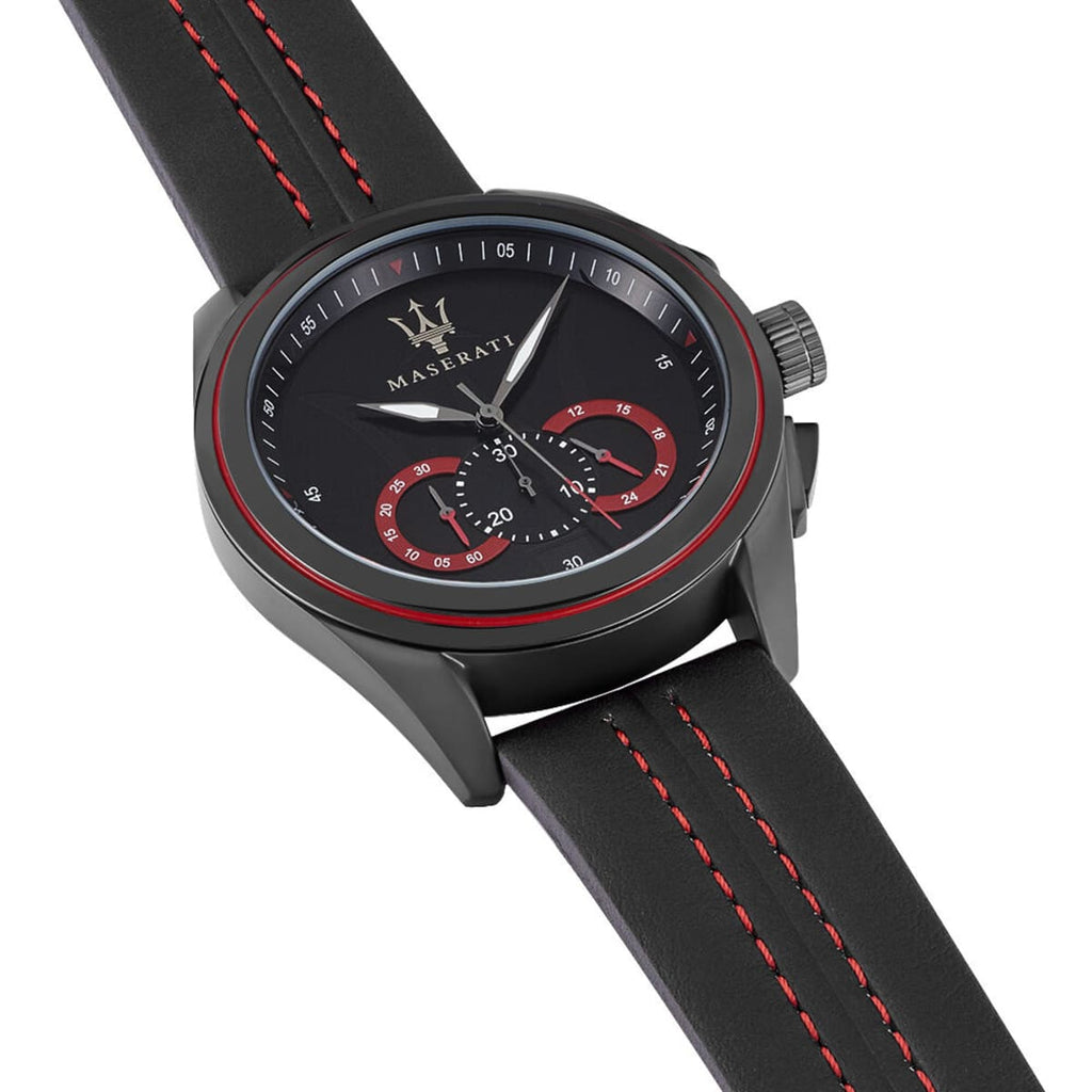 Maserati Traguardo R8871612023 Black Case & Leather Strap Red Accents Watch