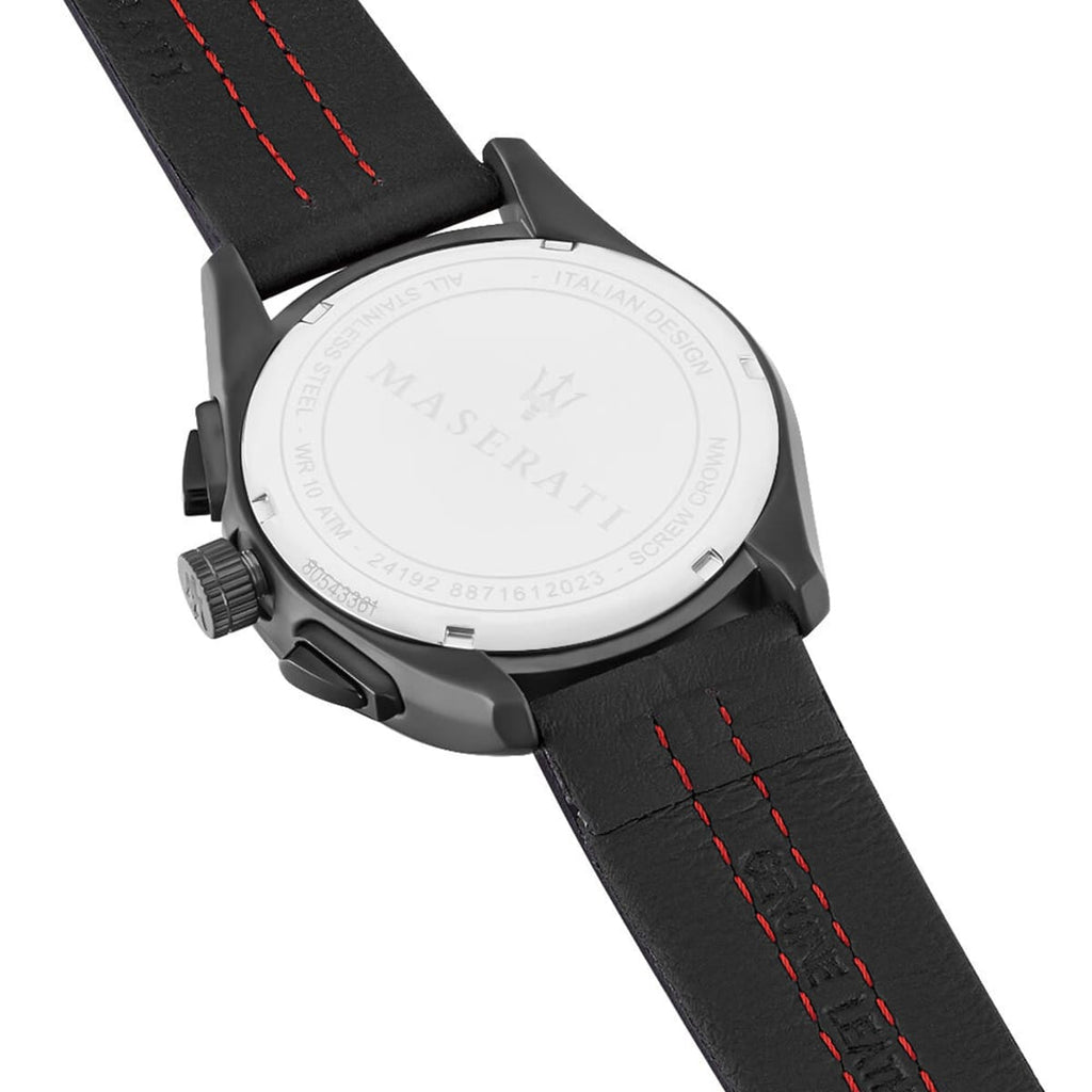 Maserati Traguardo R8871612023 Black Case & Leather Strap Red Accents Watch