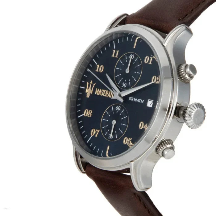 Maserati Epoca R8871618001 Silver Rose Gold Blue Dial Leather Men's Watch