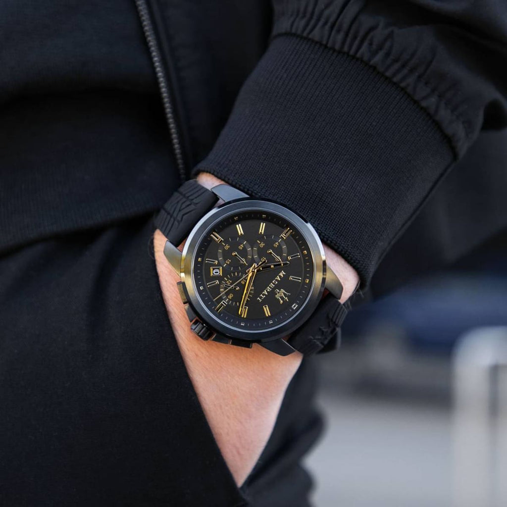 Maserati Successo R8871621011 Black Silicone Gold Accents Chronograph Watch