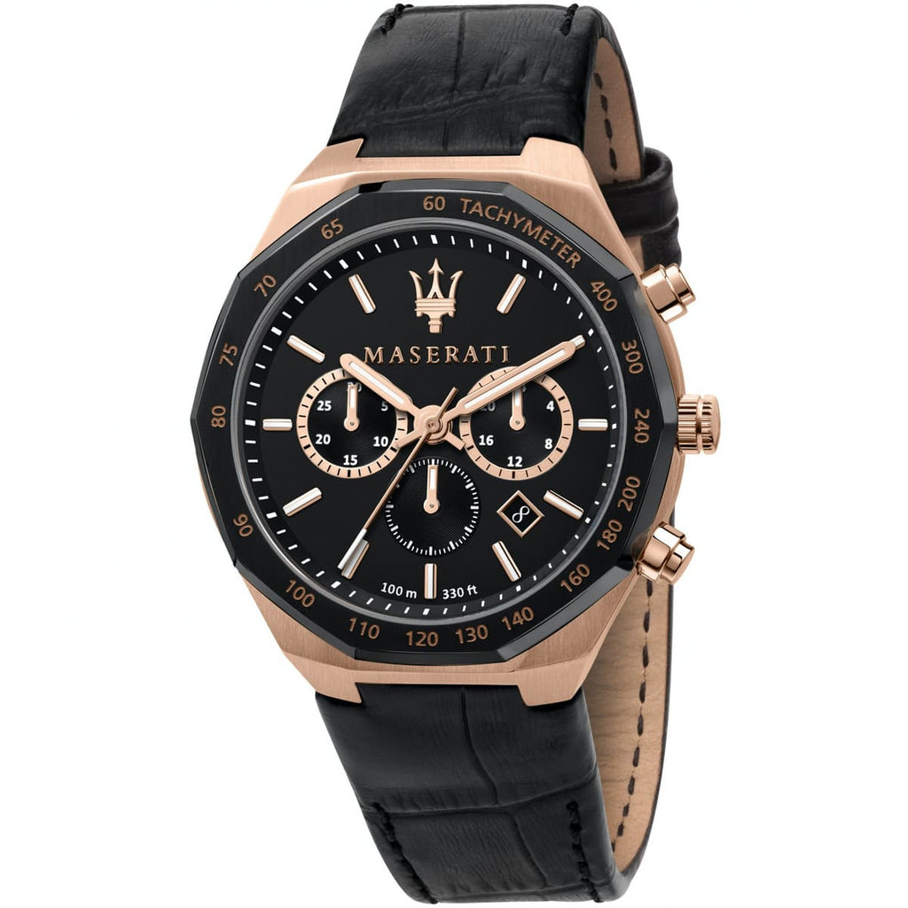Maserati Stile Chronograph R8871642001 Rose Gold Black Dial Leather Men's Watch