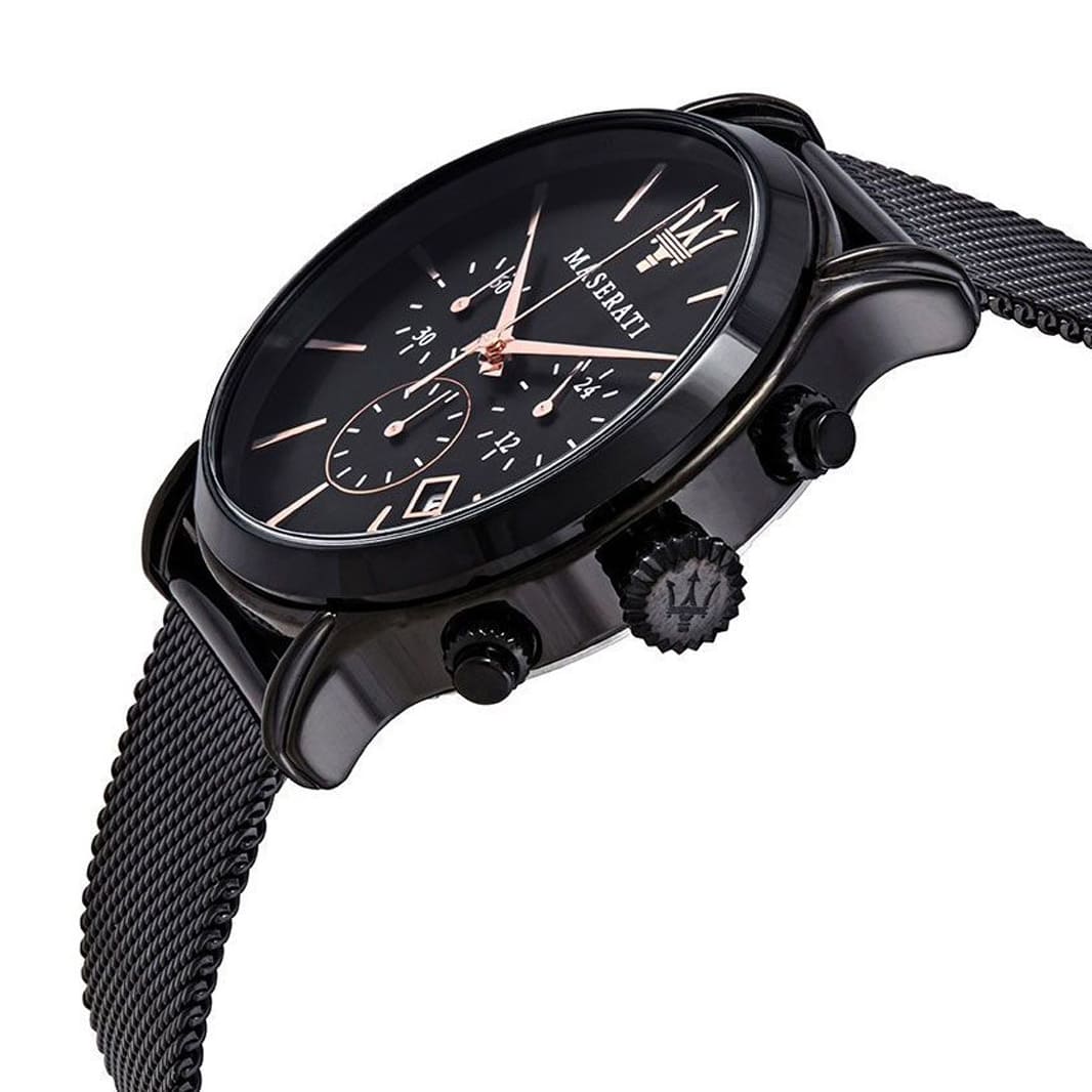 Maserati Epoca Chronograph R8873618006 Black Mesh Rose Gold Accents Men's Watch