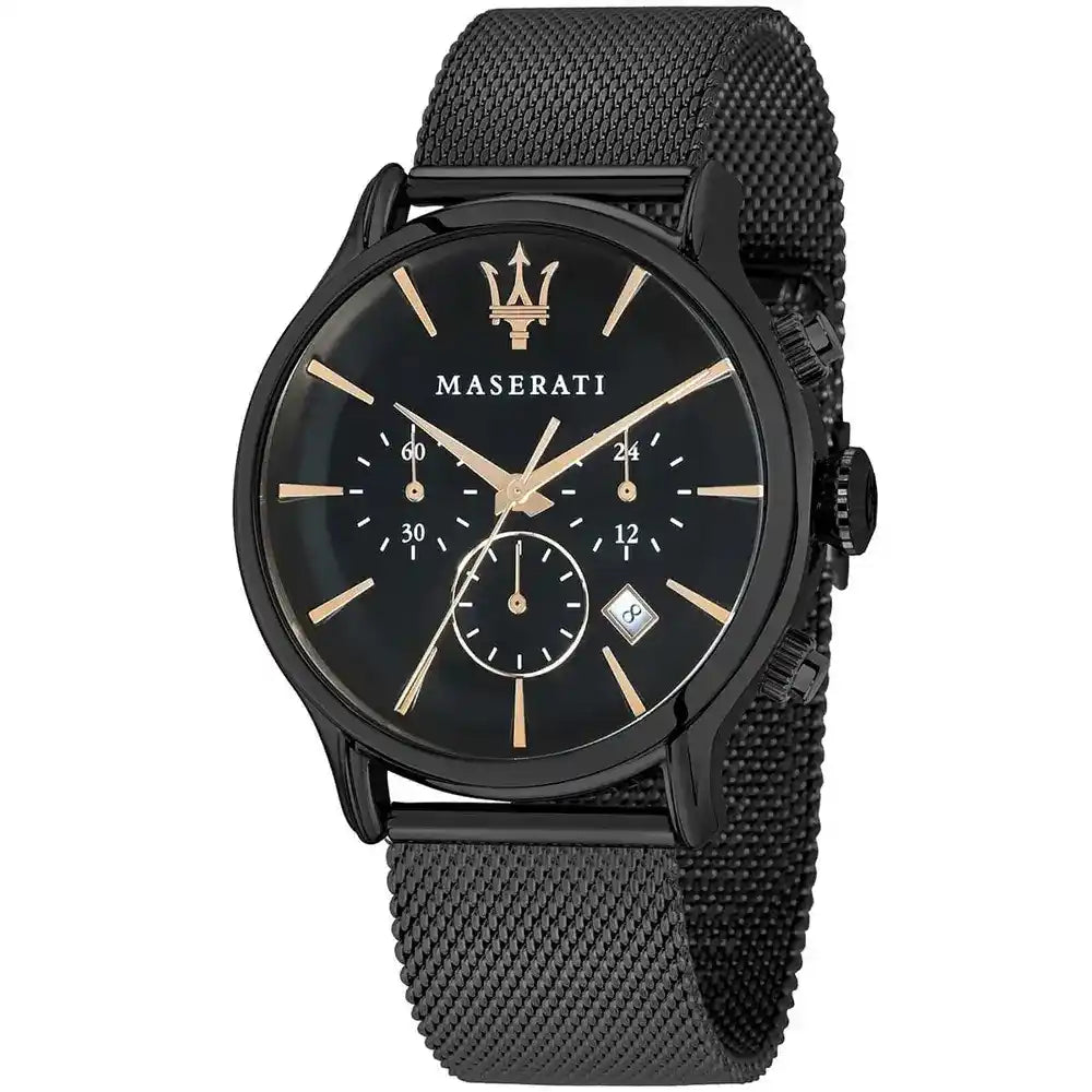 Maserati Epoca Chronograph R8873618006 Black Mesh Rose Gold Accents Men's Watch
