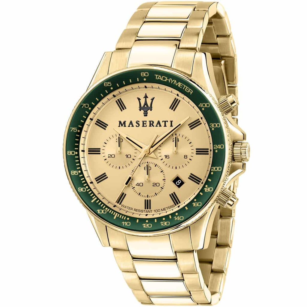 Maserati Sfida R8873640005 Full Gold Green Bezel Chronograph Men's Watch