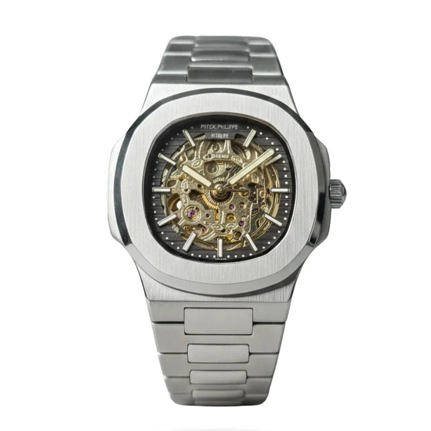 PATEK PHILIPPE CHRONOGRAPH WATCH black WITH STAINLESS STEEL SILVER BELT