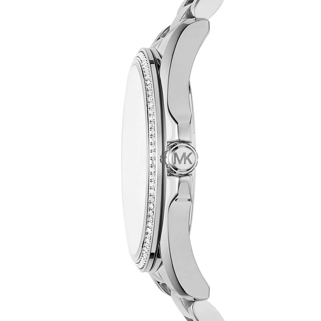 Michael Kors Runway MK6554 Silver Watch with Crystal Encrusted MK Logo Dial