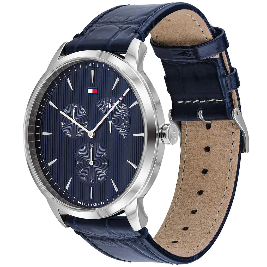 Tommy Hilfiger Brad 1710387 Silver Case Navy Blue Leather Strap Men's Watch