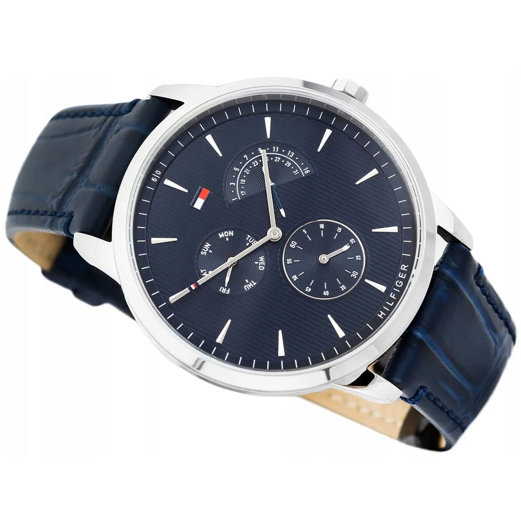 Tommy Hilfiger Brad 1710387 Silver Case Navy Blue Leather Strap Men's Watch