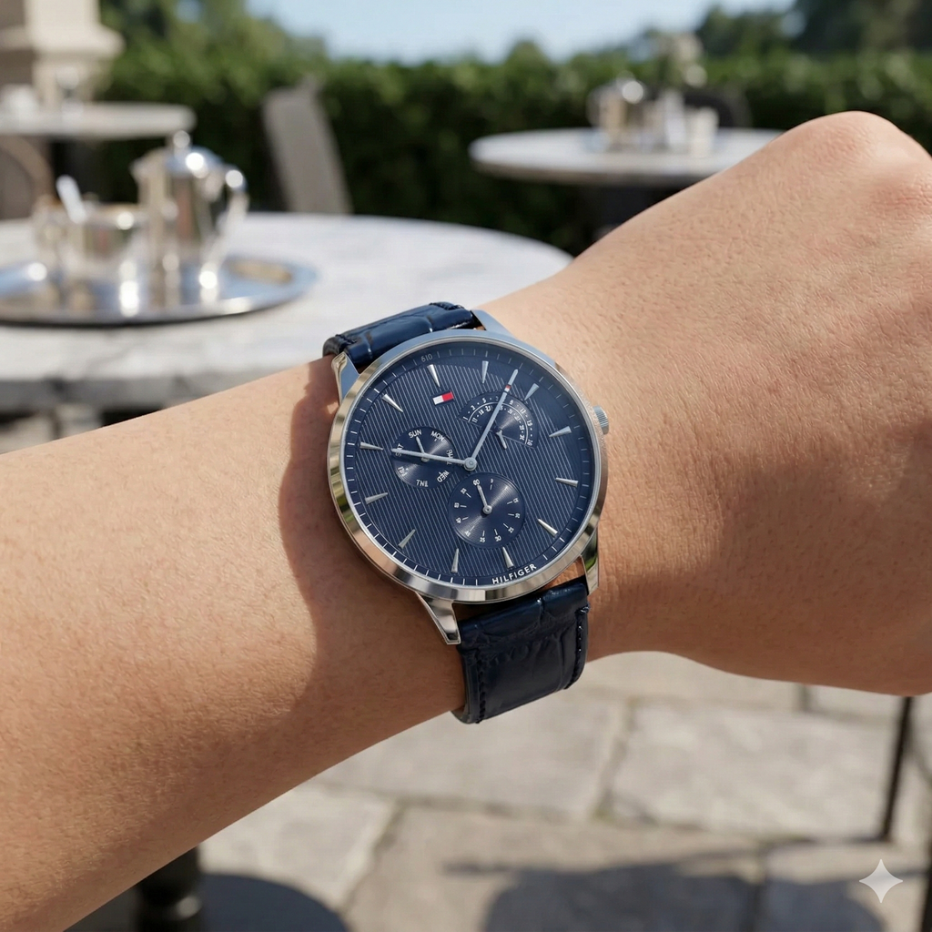 Tommy Hilfiger Brad 1710387 Silver Case Navy Blue Leather Strap Men's Watch