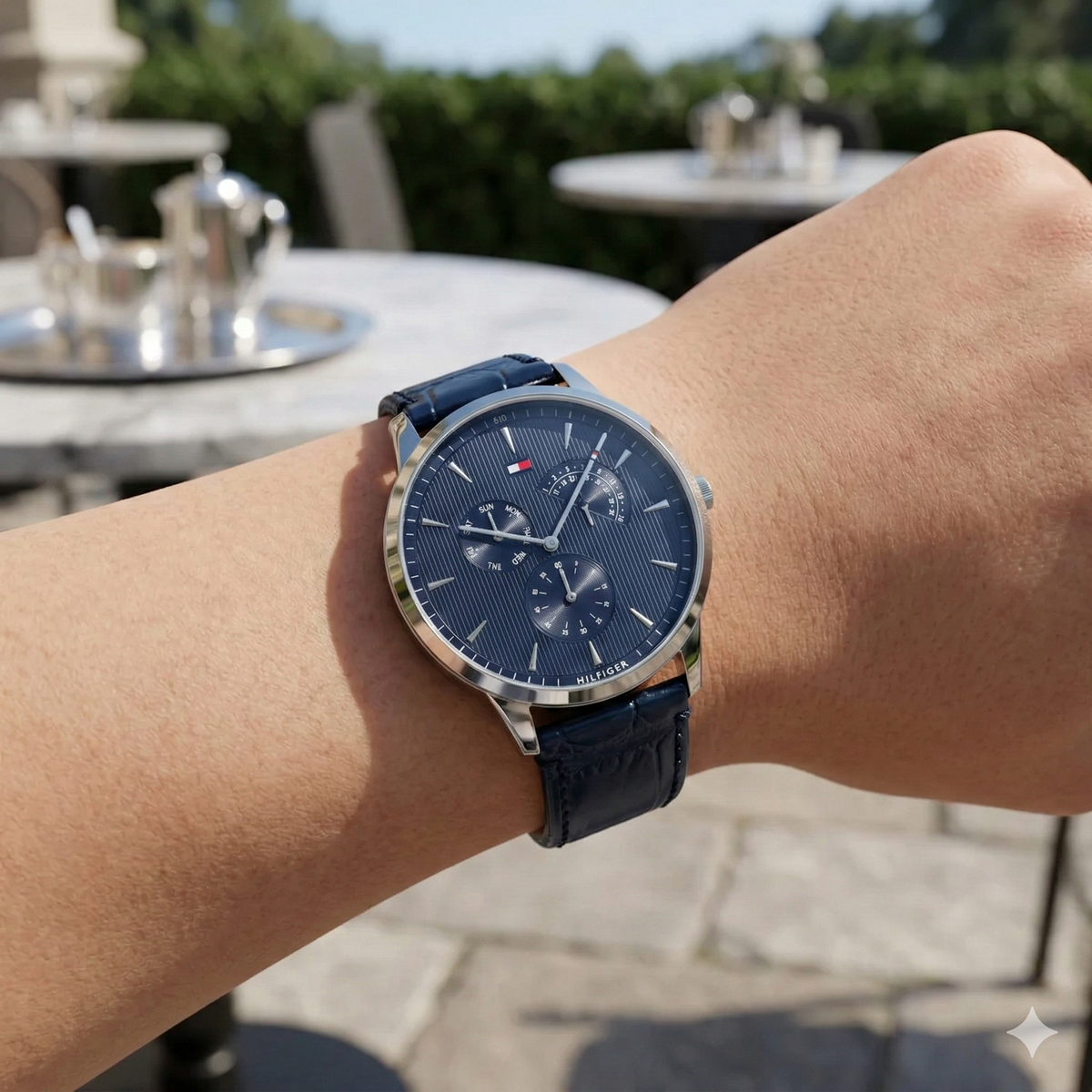 Tommy Hilfiger Brad 1710387 Silver Case Navy Blue Leather Strap Men's Watch