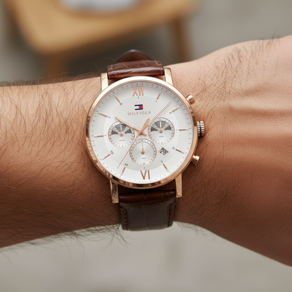 Tommy Hilfiger Evan 1710394 Rose Gold Case Cream Dial Brown Leather Men's Watch
