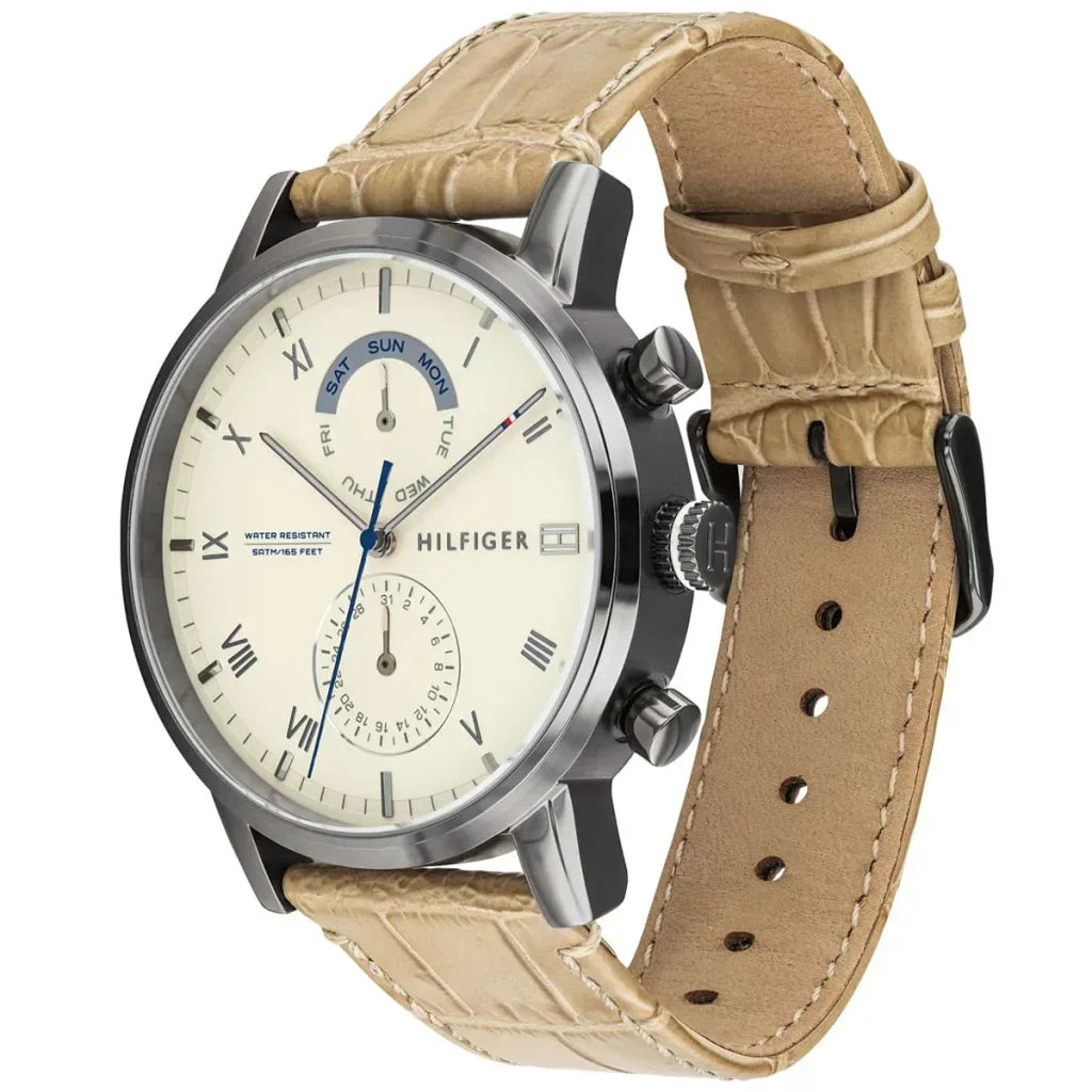 Tommy Hilfiger Kane 1710399 Gunmetal Case Beige Dial Beige Leather Men's Watch