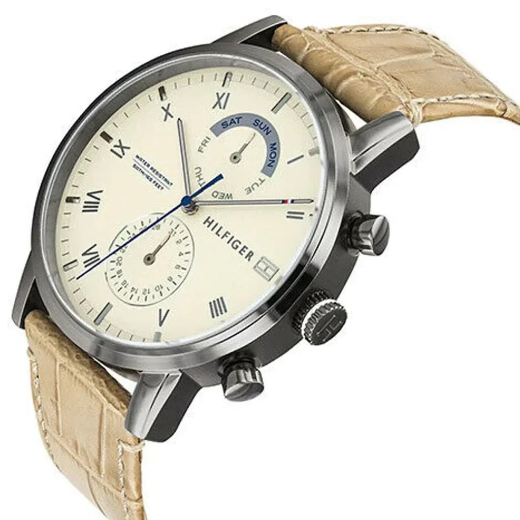 Tommy Hilfiger Kane 1710399 Gunmetal Case Beige Dial Beige Leather Men's Watch