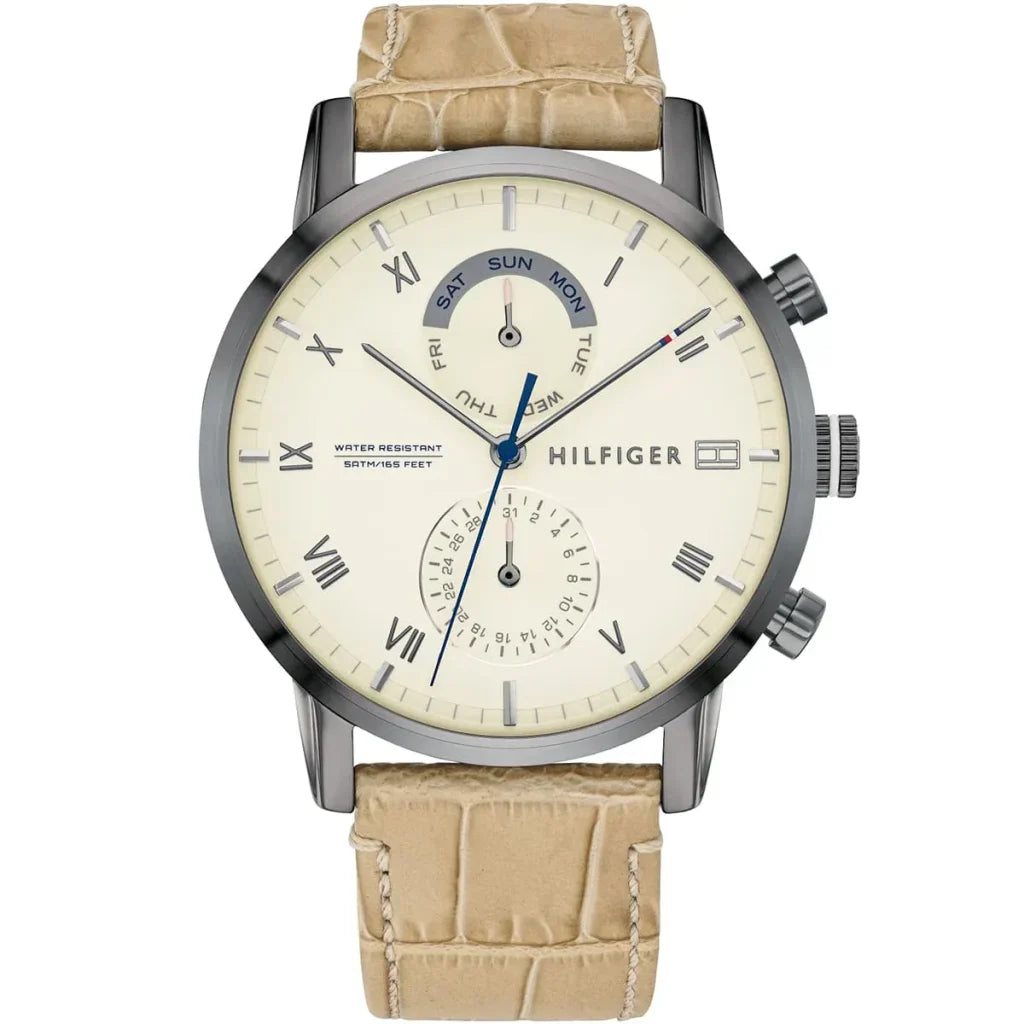 Tommy Hilfiger Kane 1710399 Gunmetal Case Beige Dial Beige Leather Men's Watch