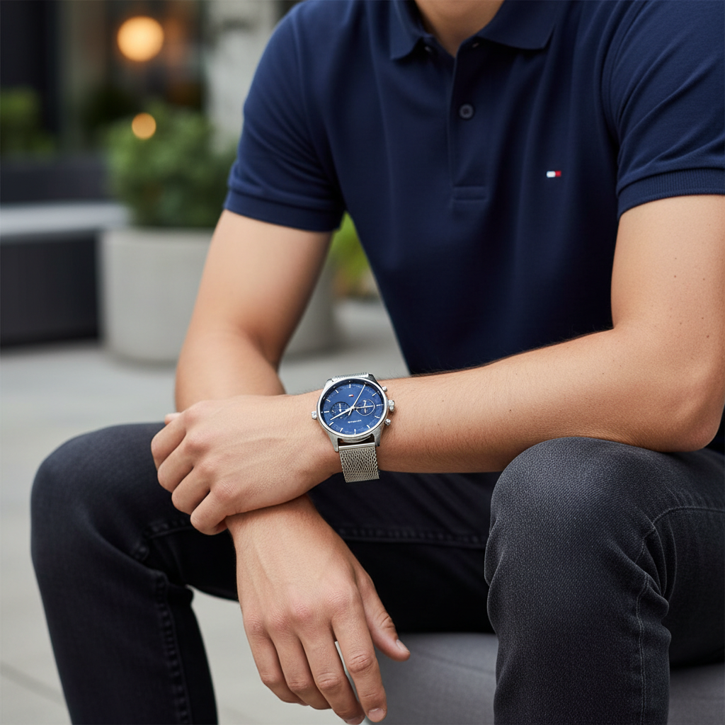 Tommy Hilfiger Sawyer 1710420 Silver Case Blue Dial Silver Mesh Men's Watch