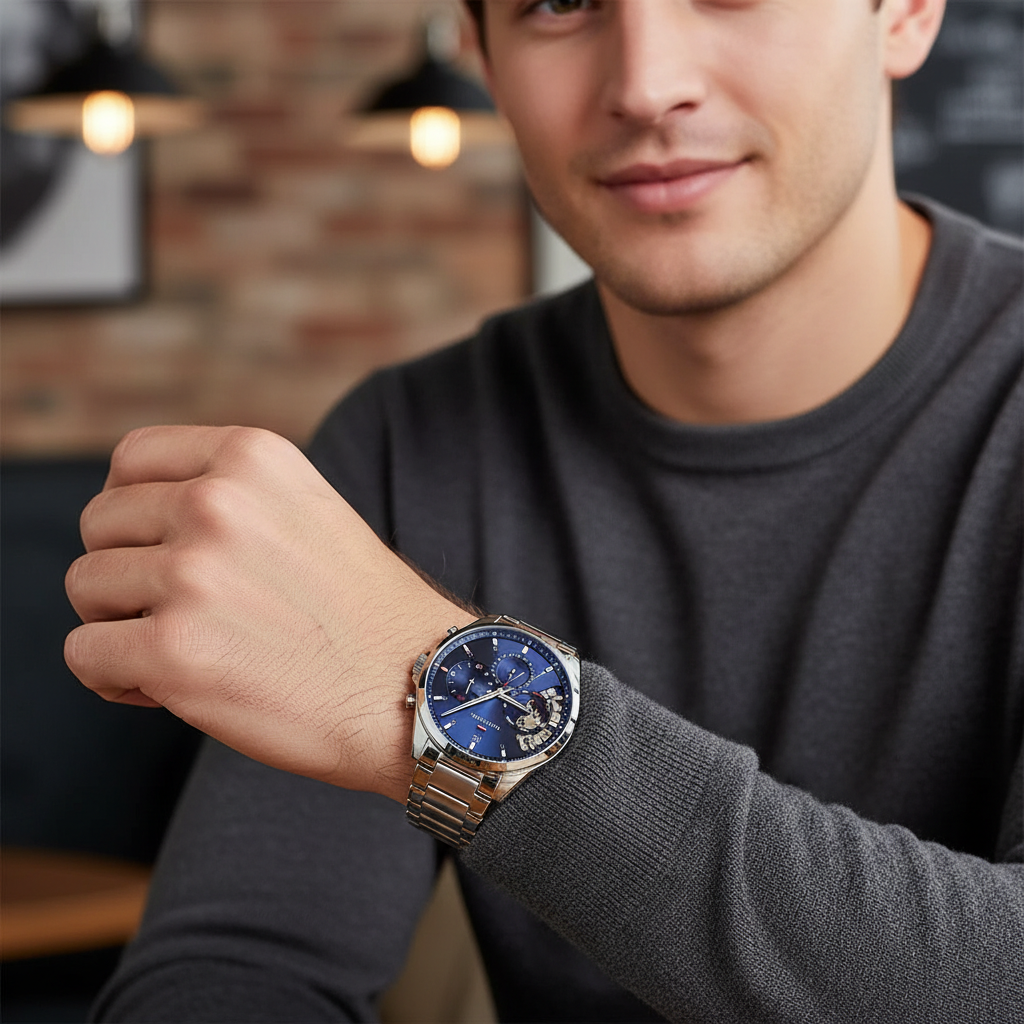 Tommy Hilfiger Baker 1710448 Silver Case Blue Dial Skeleton Detail Men's Watch