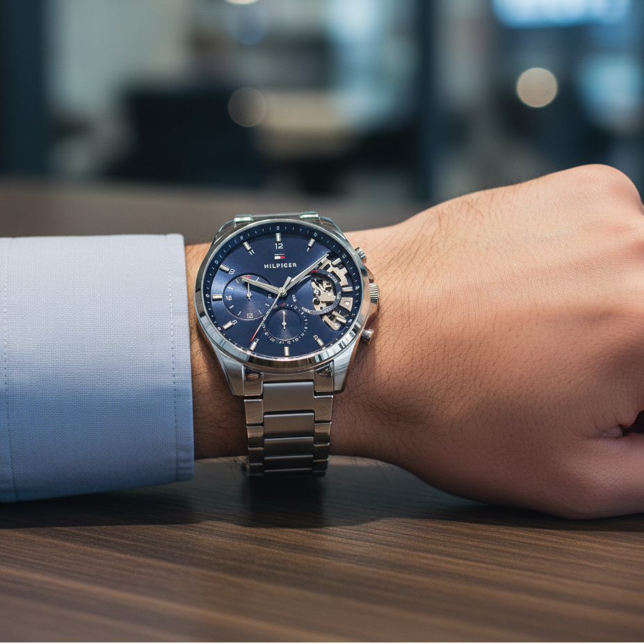 Tommy Hilfiger Baker 1710448 Silver Case Blue Dial Skeleton Detail Men's Watch