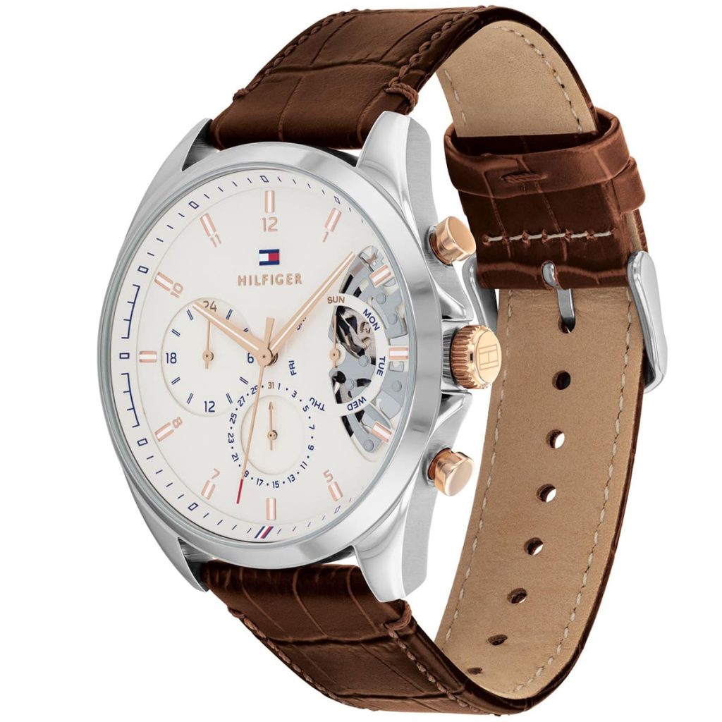 Tommy Hilfiger Baker 1710450 Silver Case White Semi-Skeleton Dial Brown Leather Men's Watch
