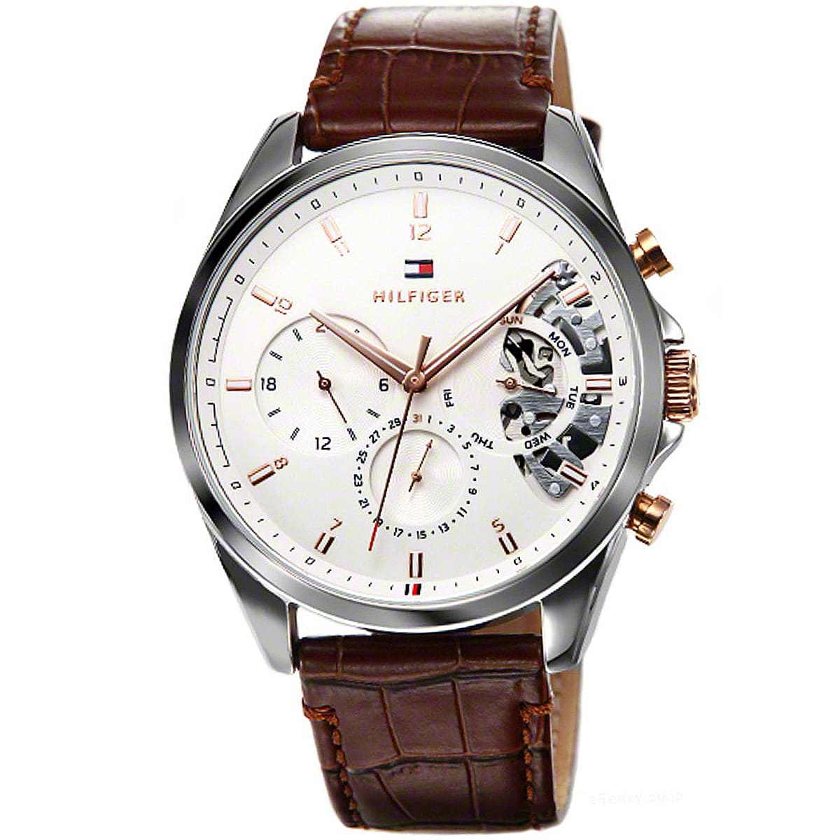Tommy Hilfiger Baker 1710450 Silver Case White Semi-Skeleton Dial Brown Leather Men's Watch