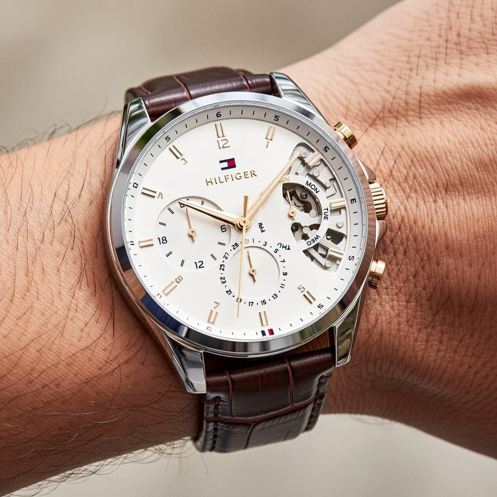 Tommy Hilfiger Baker 1710450 Silver Case White Semi-Skeleton Dial Brown Leather Men's Watch