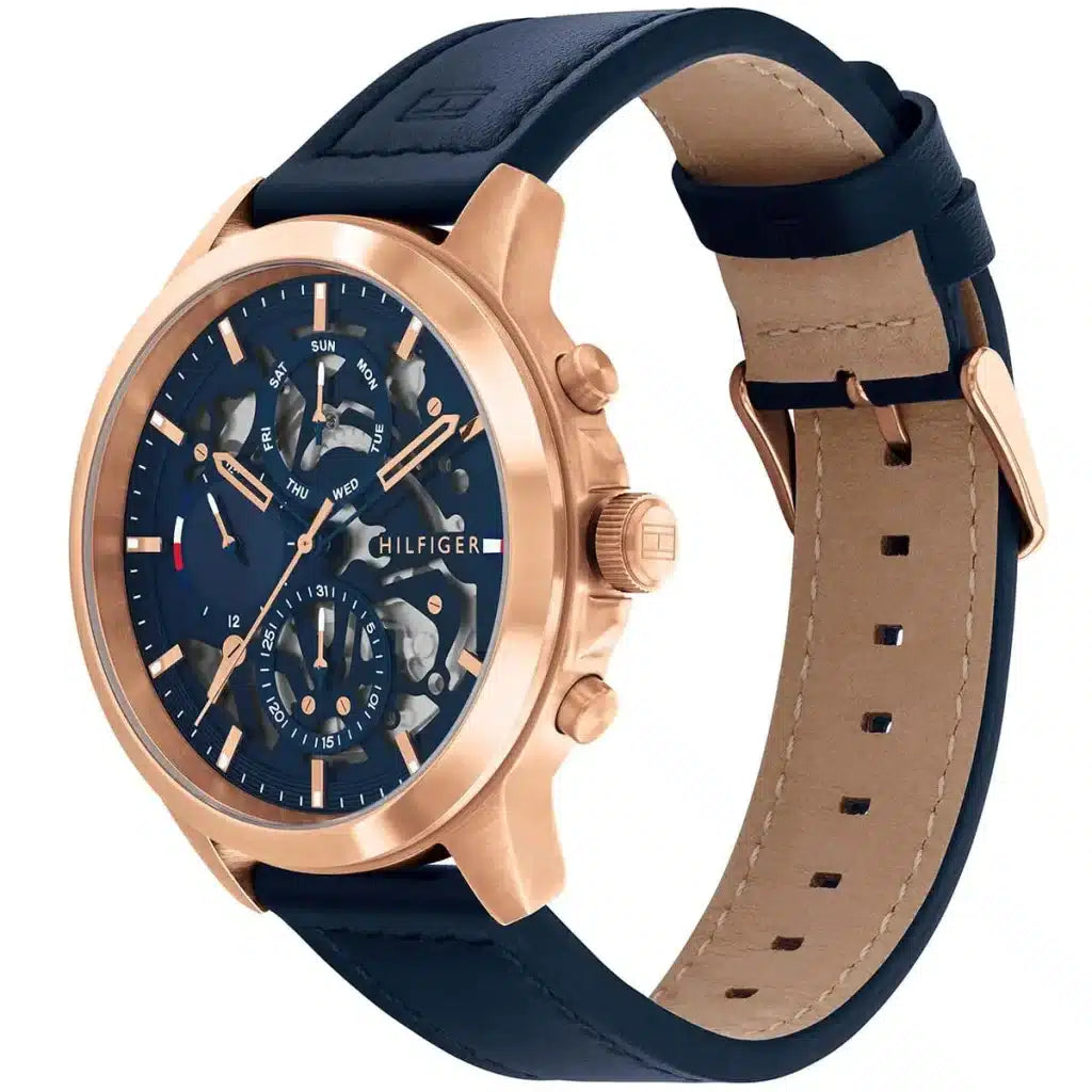 Tommy Hilfiger Henry 1710475 Rose Gold Case Blue Semi-Skeleton Dial Blue Leather Men's Watch
