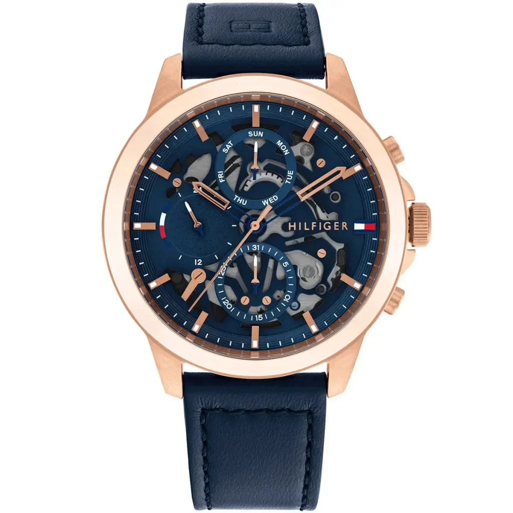 Tommy Hilfiger Henry 1710475 Rose Gold Case Blue Semi-Skeleton Dial Blue Leather Men's Watch