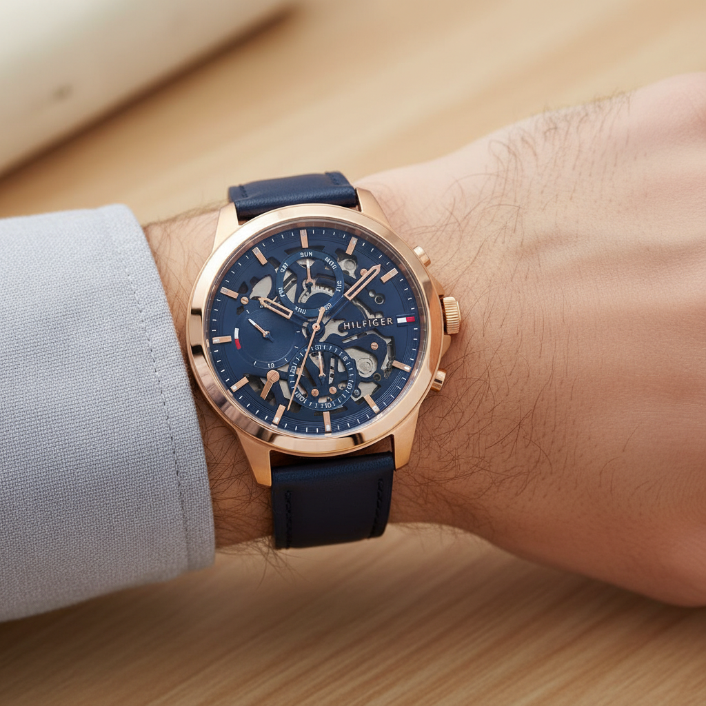 Tommy Hilfiger Henry 1710475 Rose Gold Case Blue Semi-Skeleton Dial Blue Leather Men's Watch