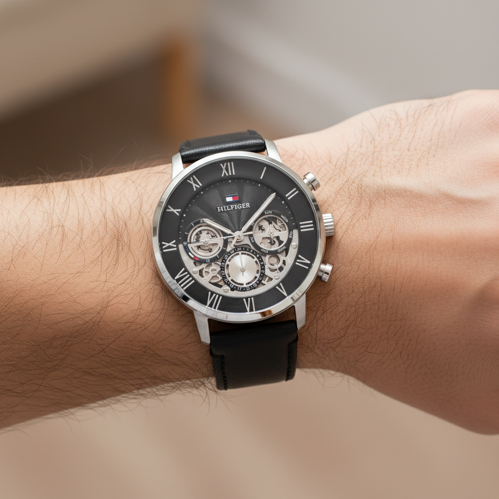 Tommy Hilfiger Legend 1710565 Black Leather Strap Skeleton Dial Men's Watch
