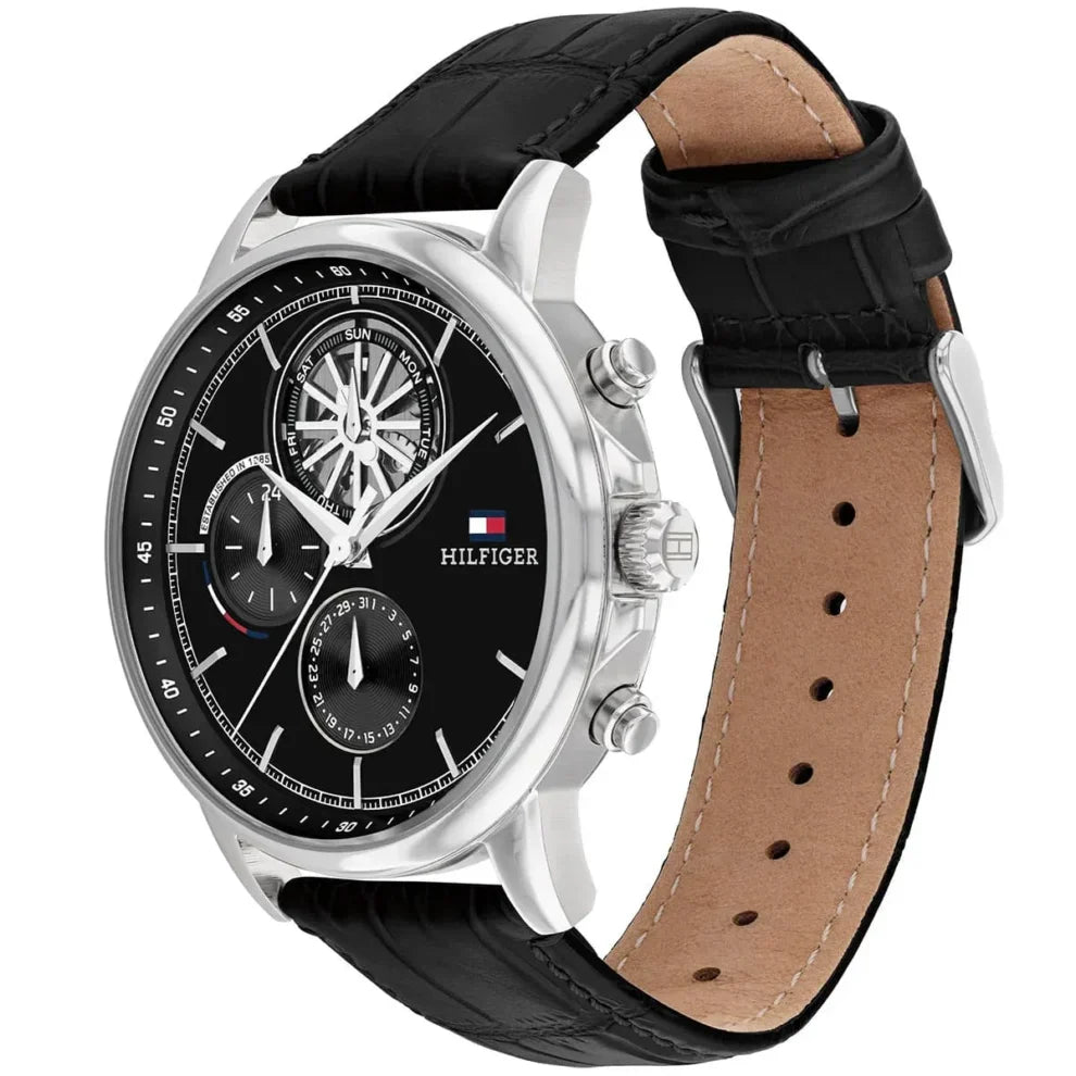 Tommy Hilfiger Stewart 1710605 Black Leather Strap Semi-Skeleton Men's Watch