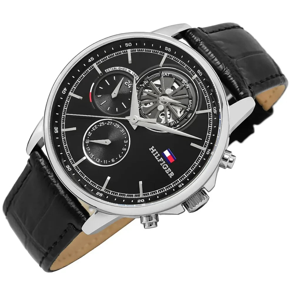 Tommy Hilfiger Stewart 1710605 Black Leather Strap Semi-Skeleton Men's Watch