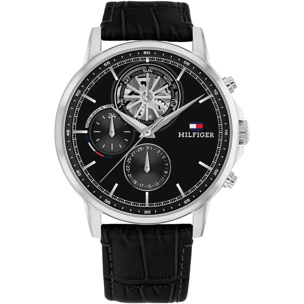 Tommy Hilfiger Stewart 1710605 Black Leather Strap Semi-Skeleton Men's Watch
