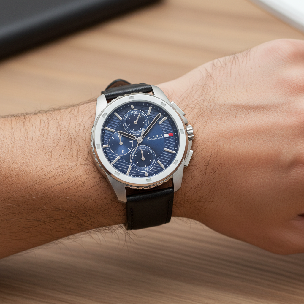 Tommy Hilfiger Larsen 1710619 Multi-Function Blue Dial Men's Black Leather Watch