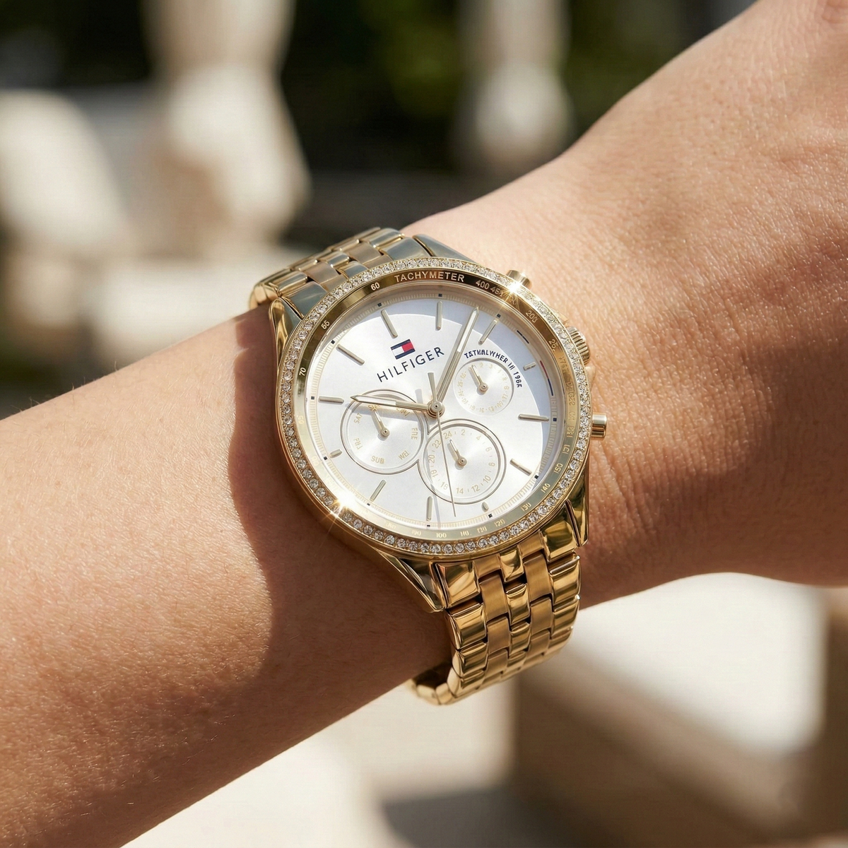 Tommy Hilfiger Ari 1781977 Gold-Tone Crystal Bezel Women's Watch