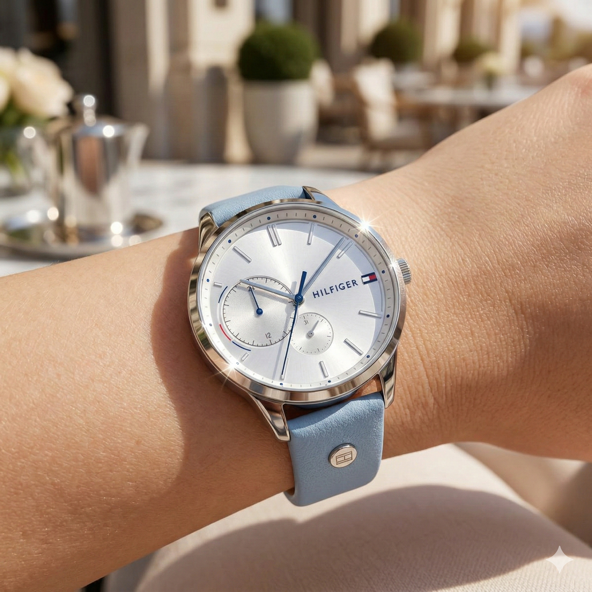 Tommy Hilfiger Brooke 1782023 Silver Case Light Blue Leather Strap Women's Watch