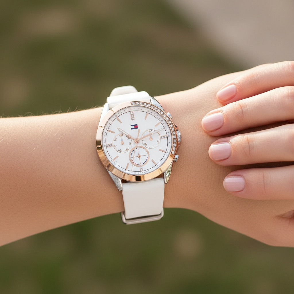 Tommy Hilfiger Kennedy 1782388 Women's Silver & Gold Case White Rubber Watch