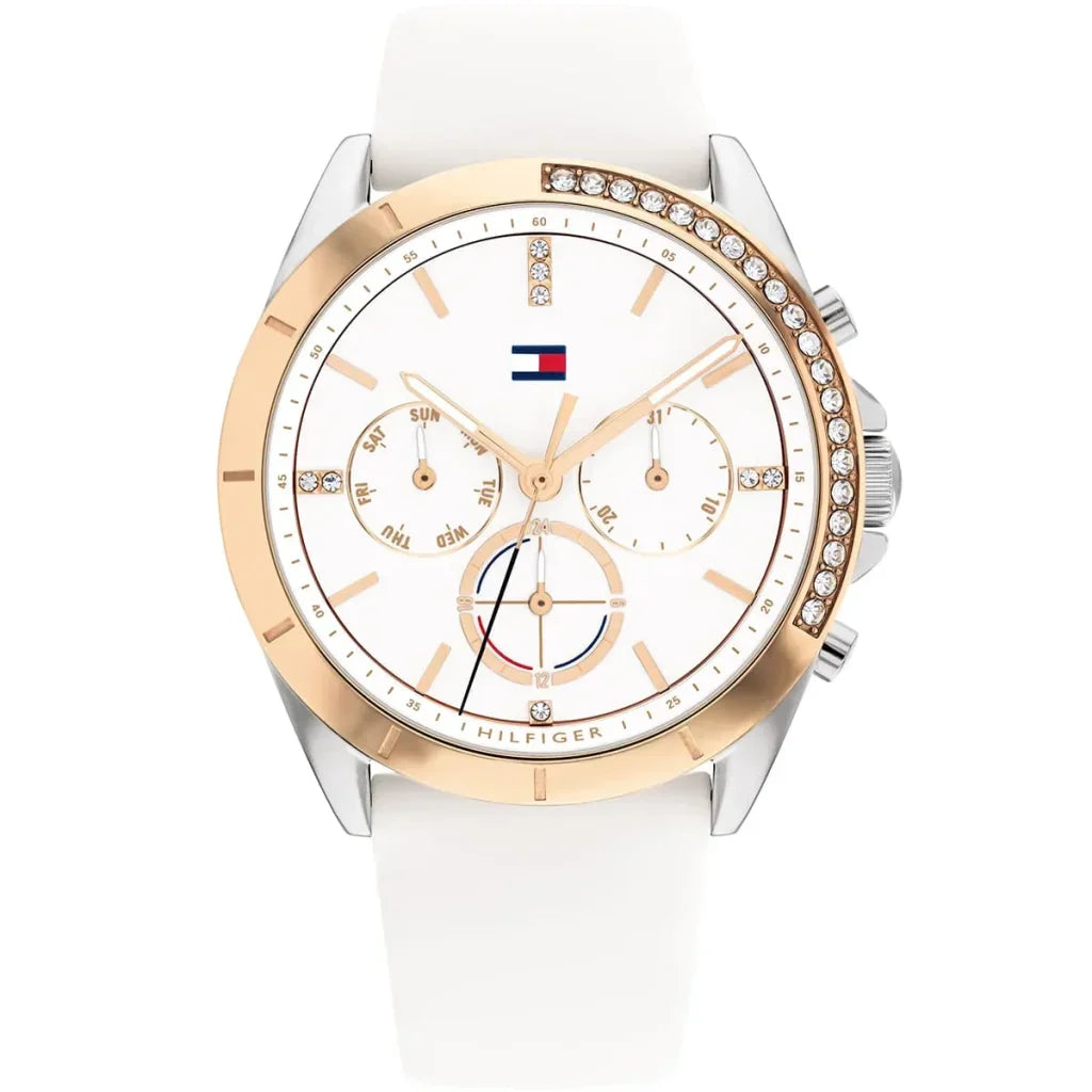 Tommy Hilfiger Kennedy 1782388 Women's Silver & Gold Case White Rubber Watch