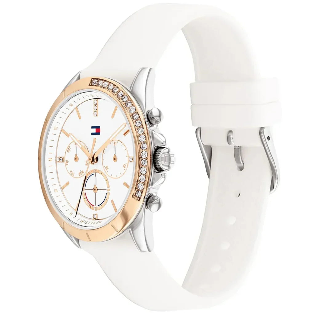 Tommy Hilfiger Kennedy 1782388 Women's Silver & Gold Case White Rubber Watch