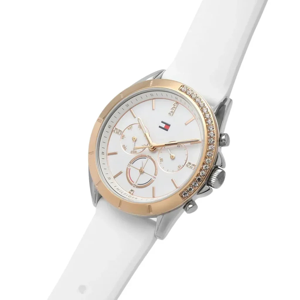 Tommy Hilfiger Kennedy 1782388 Women's Silver & Gold Case White Rubber Watch