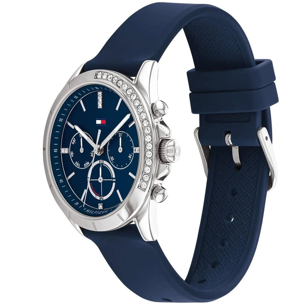 Tommy Hilfiger Kennedy 1782389 Silver Crystal Case Navy Blue Rubber Women's Watch