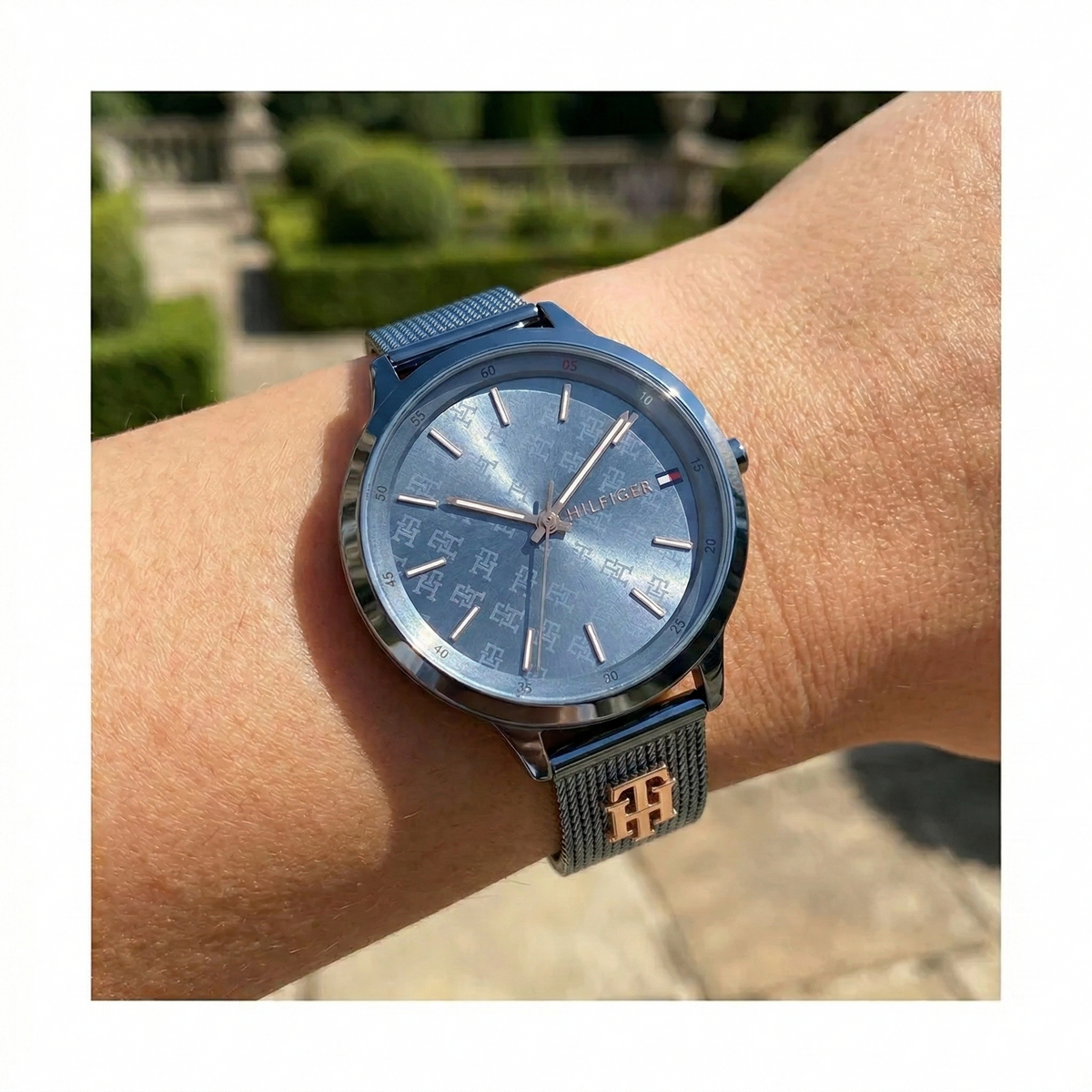 Tommy Hilfiger Iris 1782589 Slate Blue Mesh Rose Gold Accents Women's Watch