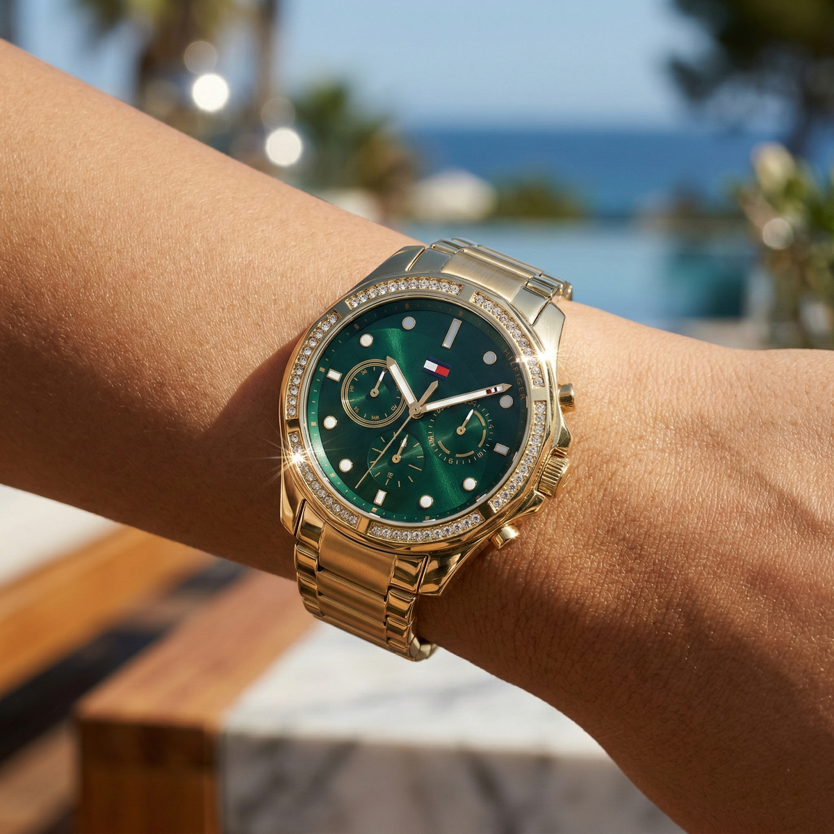 Tommy Hilfiger Ari 1782614 Gold-Tone Crystal Bezel Dark Green Dial Women's Watch