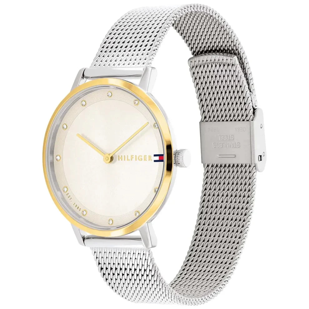 Tommy Hilfiger Pippa 1782667 Silver Mesh White Dial Gold Bezel Women's Watch